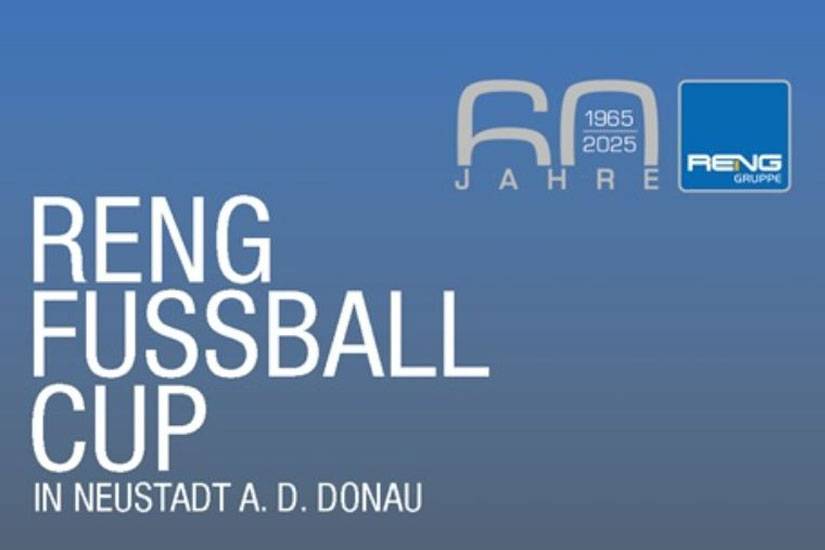 Blauer Hintergrund mit Verlauf zu Grau mit weißer Schrift "Reng Fussball Cup in Neustadt a.d. Donau" und "60 Jahre" & "Reng Gruppe" Logos oben rechts link Eck.