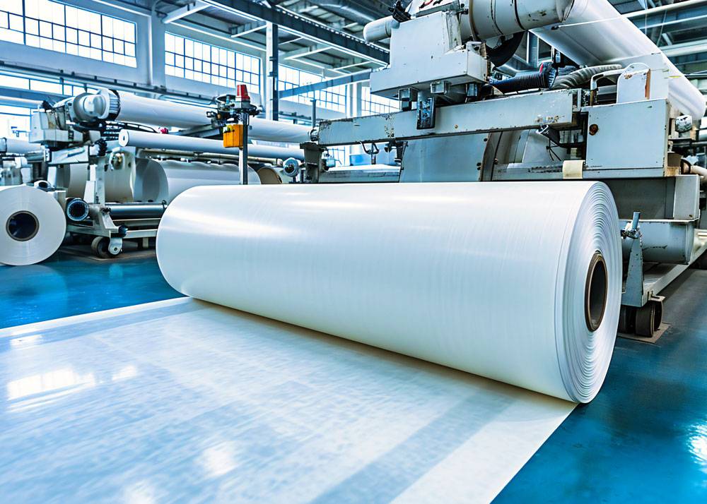 Das Bild zeigt eine große Rolle transparenter Kunststofffolie, die in einer industriellen Produktionsanlage verarbeitet wird. Die Folie läuft von der breiten Rolle über den Boden in die Maschine ein. Im Hintergrund stehen weitere Folienrollen, Maschinengehäuse, Führungswalzen und Metallkonstruktionen. Die Szene zeigt einen automatisierten Herstellungsprozess in der Kunststoff- oder Verpackungsindustrie.